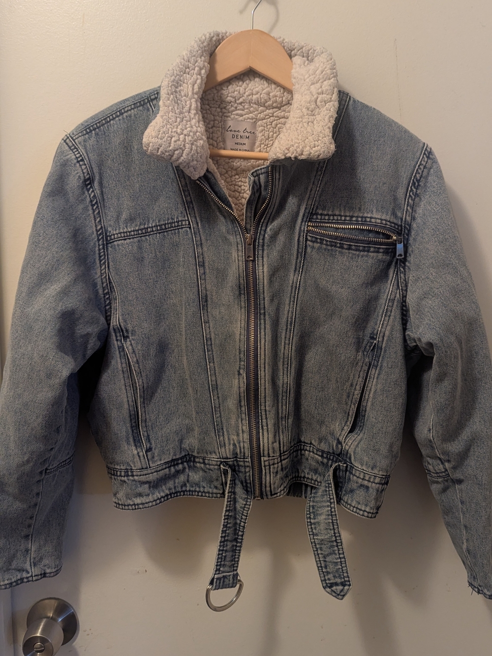 Love Tree Denim Sherpa Jacket Womens Small Cropped Lined Blue Jean